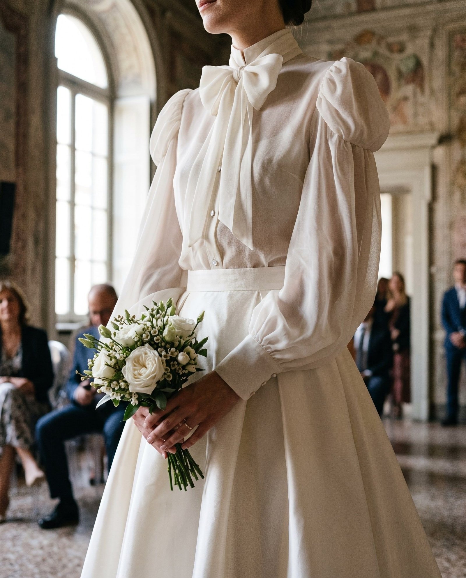 Progetto della Maison: camicia da sposa con fiocco e gonna in mikado, in una sala affrescata durante il rito civile