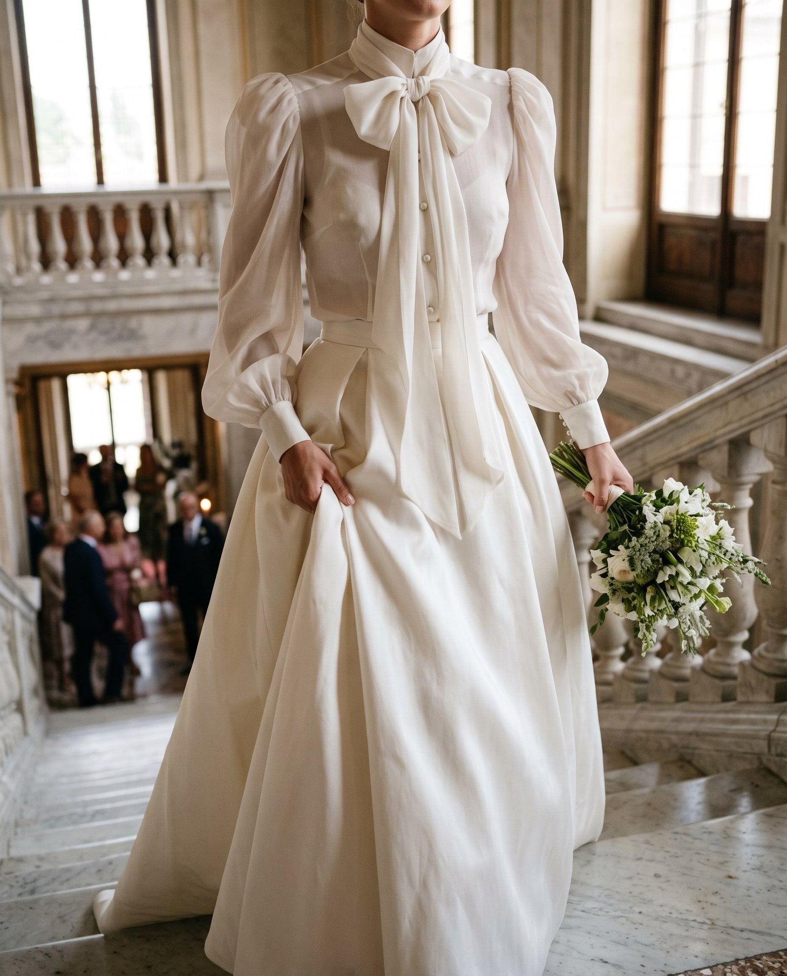 Progetto della Maison: la stessa camicia da sposa sullo scalone di marmo di un palazzo