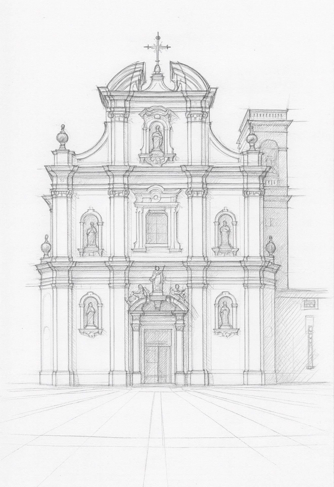 Disegno a matita della facciata di una chiesa barocca, il luogo del sì