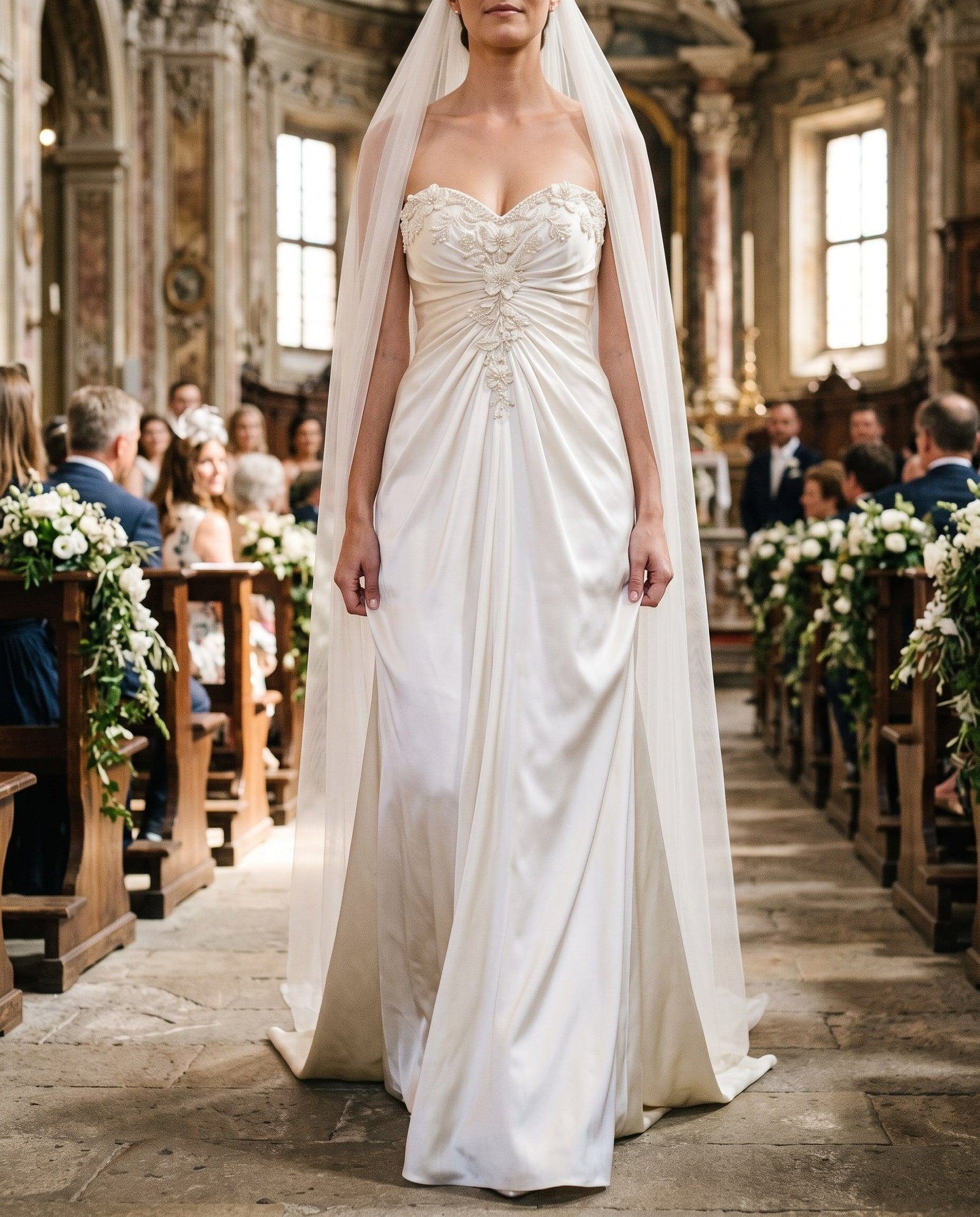 Progetto della Maison: abito da sposa in raso avorio con corpetto ricamato e velo lungo, nella navata di una chiesa barocca